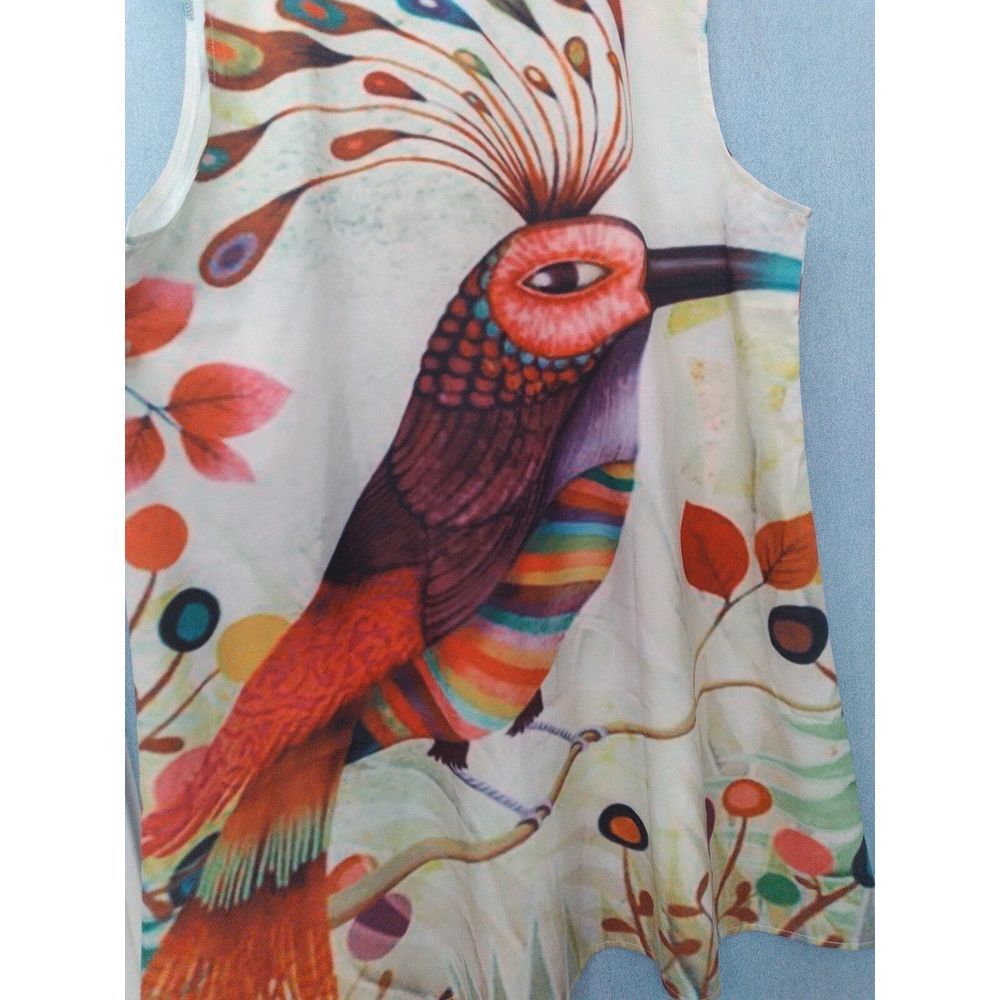 Artistic Whimsical Bird Print Sleeveless Summer Dress Rainbow Color Nature Motif